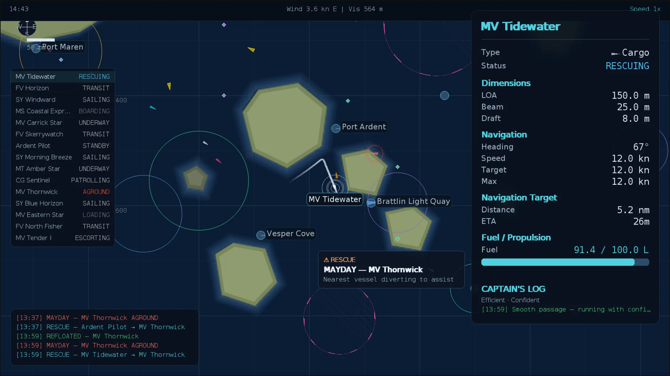 A night sea chart on which a cargo ship’s status panel reads RESCUING and its track bends sharply toward a mayday call, where MV Thornwick lies aground; a banner reports the nearest vessel diverting to assist, a timestamped event log records the mayday and the response, and a roster lists the rest of the fleet underway among named ports and islands.